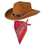 COLOFALLA Brown Cowboy Hat for Men Adult Cowboy Hat Fancy Dress Cowboy Hat and Bandana Neckerchief Scarf for Wild West Sheriff (Brown)