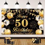 50th Happy Birthday Backdrop Banner, Large Black & Gold Happy Birthday Banners Bunting Balloon Fireworks Party Sign 50th Photo Booth Backdrop Party Decorations Supplies for Men Women