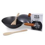 Ken Hom Carbon Steel Wok Set, 31cm, Classic, Non-Induction/Wooden Handle/Flat Base Pan, Includes Wok Pan with Lid, Wooden Wok Utensils & Recipe Book, KH331051