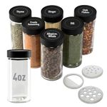 AllSpice 118ml Glass Spice Jars (Same Size as Penzeys and Spice House) with Black Plastic Lids and 3 Styles of Shaker Tops- 6 Pack