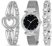 Acnos Premium Stainless Steel Brand Watch Analogue Diamond Silver Magnet Watch with Gift Bracelet for Women & Girls (Combo of 3) (Black Dial Silver Colored Strap)