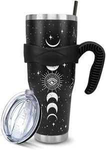 Moon Phase Goth Black 40 Oz Tumbler with Handle and Straw, Big Stainless Steel Vacuum Insulated Tumbler Iced Coffee Cup Water Bottle Travel Mug, Witchy Gothic Decor Accessories Stuff, Halloween Gifts