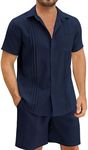 hawalili Men Linen Sets Outfits 2 Piece Short Sleeve Cuban Shirts Summer Guayabera Linen Beach Casual Set Navy Blue,S