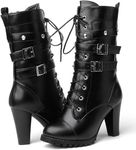 Susanny Steampunk Goth Harley Boots Womens Black High Heeled Combat Boots Gothic Leather Shoes Mid Calf Motorcycle Punk Booties 13