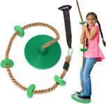 Jungle Gym Kingdom Tree Swing Climbing Rope with Platforms Green Disc Swings Seat - Outdoor Playground Set Accessories Tree House Flying Saucer Outside Toys - Snap Hook and 4 Feet Strap (Green)