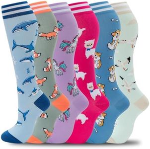 fenglaoda Compression Socks Women Men 6 Pairs, Knee High Best Support Circulation Socks for Running, Travel, Flight, Nurse, 04-6pairs-shark/Fox/Dog1/Llama1/Unicorn/Seagull, Large-X-Large