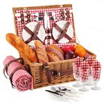 HYBDAMAI Picnic Basket for 4 Persons with Waterproof Picnic Blanket and Insulated Cooler, Large Wicker Picnic Basket for Camping, Outdoors, Valentine's Day, Christmas, Birthday, Wedding Gift, Pink