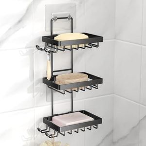 Moforoco Soap Dish Holder for Shower Wall, No Drilling, 3-tier 304 Rustproof Stainless Steel, Soap Bar Holder with 4 Hooks and Razor Holder for Shower, Shampoo Bar Holder for Shower Caddy for Bathroom