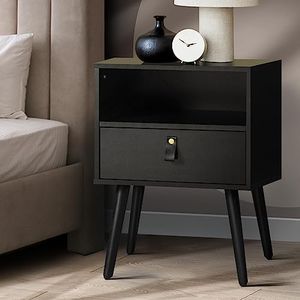 Oikiture Wooden Bedside Table with Drawer and Cabinet Side Table Storage Unit Bedroom Furniture Black