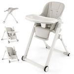 Maxmass Foldable Baby High Chair, Infant Feeding Chair with Adjustable Height, Backrest & Footrest, Double Tray, Lockable Wheels & 5-Point Harness, Portable Highchair for Toddlers (Light Gray)