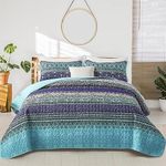 WONGS BEDDING Bedspread 200x220cm Bed Throw Boho Blanket Quilt 3-Piece Double Bed Quilted Duvet Microfibre Blanket with 2 Pillowcases 50x75cm for Bedroom as Sofa Throw (Blue)