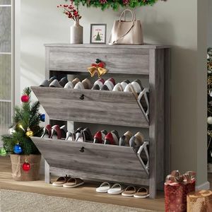 DWVO Shoe Cabinet with 2 Flip Drawer Slim Shoe Storage Cabinet with Metal Flip Frame - Adjustable or Removable Hidden Shoe Rack Free Standing Shoe Cabinet Organizer for Entryway/Hallway - Gray