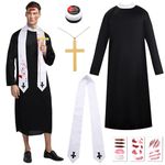 CMANLNYK 5 PCS Halloween Bloody Priest Costumes - Robe Cross Necklace Zombie Shawl Fake Blood Gel 30 Tattoo Stickers, Halloween Adults Mens Fancy Dress for Carnival Halloween Party Cosplay