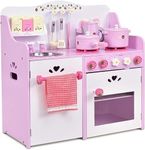 HONEY JOY Kids Kitchen Playset, Wooden Strawberry Themed Pretend Play Set for Children with 13-Pieces Cookware, Kids Cooking Playset for Kids Girls with Hanging Hooks, Storage Shelf, Towel Rack, Pink