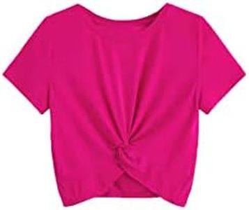 Milumia Girl's Casual Twist Hem Short Sleeve Round Neck Crop Top Tee Shirt Hot Pink 10 Years