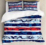 Ambesonne Exotic Duvet Cover Set, Tropical Hibiscus Flower Beach Theme Vivid Color Scheme Floral Arrangement, Decorative 3 Piece Bedding Set with 2 Pillow Shams, Queen Size, Blue Indigo