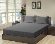 HOMYBEES® Elastic Fitted 100% Cotton Feel Stripes King Size Double Bed Bedsheet with 2 Pillow Cover (72"x78" Upto 6" Mattress) Darkgrey