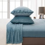 Extra Soft Velvet Plush Queen Micro Fleece Sheet Set | Deluxe Microplush Non Pilling Sheets, Deep Pocket | Lavish Sherpa Velvet Luxe Collection by Great Bay Home (Queen, Blue Surf)