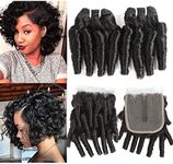 Molefi Brazilian Funmi Hair Curly Weave 4 Bundles with Lace Closure Spiral Curl Hair Bundles with 4x4 Closure 100% Human Hair Extensions 50g/pc Natural Black (8 8 8 8 +8)