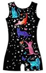 uideazone Kids Gymnastics Biketard Girls Black Sleeveless Gym Leotards Quick Dry Colorful Cat Print Unitards One-Piece Sparkly Dance Bodysuits Size 5 6