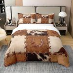 100% Natural Cotton Western Cowhide Duvet Cover for Boys Girls,Gold Texas Star Horseshoe Bedding Set,Farm Animal Cow Print Comforter Cover,Rustic Farmhouse Cowboys Bed Sets with 2 Pillowcases,Queen