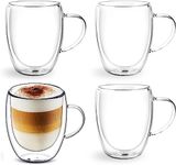 Ciuitixi 4x350ml Double Walled Glass Coffee Cups and Mugs with Handle, Cappuccino Latte Macchiato Glasses Cups, Heat Resistant, Dishwasher Safe, for Hot Drinks Tea Milk Juice Ice Cream