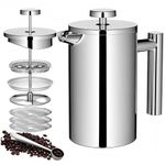 Wrobic Cafetiere French Press Coffee Maker 600ml/20oz Double-Wall Insulated Stainless Steel, 3 Level Filtration System, French Press for Home, Camping and Office,(2 cup to 4 cup)