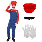 Pianocean Super Costume Brothers Cosplay Costume for Kids, Boys Carnival Halloween Outfit Fancy Dress for Kids with Bodysuit Hat Beard, Kids Halloween Costumes for Boys Girls