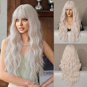 KAMIMASU Wigs Long Curly Platiunm White Color Wig Blonde Synthetic Wigs Middle Part Wig Long Soft Full Machine Made Hair Replacement Wig for Women, Drag Queen Makeup 24 inch