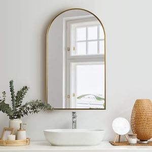 Oikiture Arched Wall Mirror 86 x 50cm Large Body Mirror for Home Living Room Entryway Hallway Gold