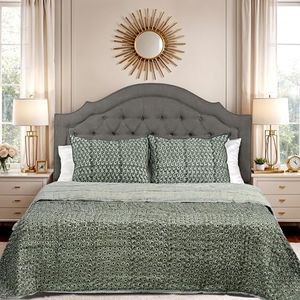 Ridhi Block Print Reversible Cozy Quilt Basil Green King 96" X 106" Lightweight Blanket for Sofa, Couch, Bed Soft Breathable Comforter Handmade Bedspread Duvet for Farmhouse, Home, Winter