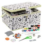 Large Sewing Basket Storage Box with Removable Tray, Built-in Pin Cushion and Interior Pocket(White, Black Pattern)