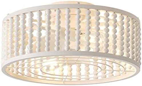 Liokoc Ceiling Fans with Lights and Remote, Caged Ceiling Fan with Handcrafted Beaded Décor 6 Speeds Reversible 19 inches Bulbs Included for Flush Mount Ceiling Indoor, Off-White