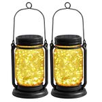 Hanging Solar Lantern Lights 2 Pack, Vintage Glass Mason Jar Solar Fairy Lights Outdoor Decorative Waterproof Table Light for Patio Yard Lawn Tree