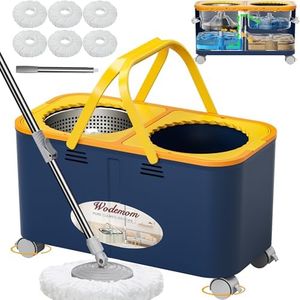2025 Upgraded Spin Mop and Bucket with Clean & Dirty Water Separation, 360° Swivel Wheels, Hands-Free Wringer, 6 Microfiber Mop Heads for Home Floor Cleaning – Blue/Yellow