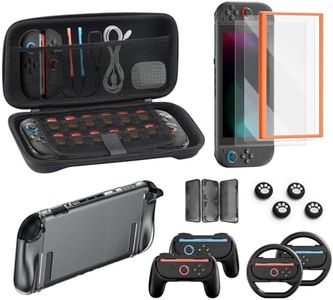 Switch 2 Accessories, Carrying Case & Screen Protector for Nintendo, 16-in-1 Game Bundle: Two Tempered Glass, Travel Dockable Shell, Grip for Joycon Controller, Console Protective Cover Steering Wheel