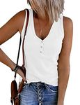 Famulily Women’s Knit Sleeveless V-Neck Tank Tops Ladies Solid Color Tunic Shirt Camisole Tops with Button Down(White,L)