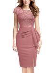 MIUSOL Women's Vintage Floral Lace Sequin Scoop Neck Ruffle Trim Cap Sleeves Cocktail Party Formal Bodycon Dress (Medium, Dark Pink)