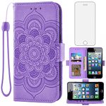 Compatible with iPhone 5S 5 SE 2016 5SE Wallet Case and Tempered Glass Screen Protector Flip Card Holder Purse Cell Phone Cover for iPhone5 iPhone5s iPhoneSE iPhone6se i 6SE iPhone5se Women Men Purple