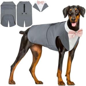 Hjyokuso Traje de Esmoquin para Perros de Tamaño Pequeño/Mediano/Grande, Ropa para Mascotas, Camisa para Cachorros con Lazo Negro Extraíble, Disfraz Formal para Bodas y Festivales(Gris, L)