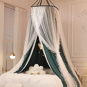 VETHIN Double Layer Princess Round Dome Canopy Bed Curtain for Girls Adults,Children Dreamy Mosquito Net,Cute Bedroom Decoration Castle Play Tent Reading Nook Canopies (Blackish Green/White)