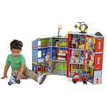 KidKraft Everyday Heroes Wooden Fire Station Play Set with Toy Fire Engine, Police Motorcycle, Helicopter, Dog and Fireman Action Figures Included, Kids' Toys, 63239