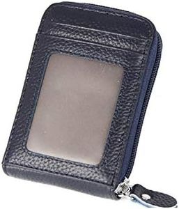 JIUFENG RFID Blocking Card Wallet Genuine Leather Credit Card Cases Cowhide Zipper Coin Purses for Women Men (Dark Blue)