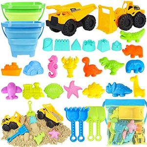 FHOZGECY Beach Toys, 31Pcs Sand Toys, Sandbox Toys with 2 Truck 2 Collapsible Sand Bucket, Shovel Set, Sand Castle Kit, Animal Dinosaur Molds etc. Mesh Bag, Travel Toys for Kids Toddlers Boys Girls