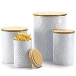 Kazozobi White Kitchen Canisters Set with Wooden Lids, Airtight Sugar, Flour, Coffee, Cookie Storage Canister Sets for Kitchen Countertop, Farmhouse Kitchen Decor, 4 Pack