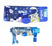 Multifunctional School Pencil Box with Calculator Cute Cartoon Stationary Compass for Boys Geometry Kids with Inbuilt Scissor Ruler Eraser&Sharpener Box Best Gift (Blue Space-Calculator)