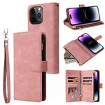 RANYOK Wallet Case Compatible with iPhone 14 Pro (6.1 inch), Premium PU Leather with RFID Blocking Card Slots Zipper Flip Folio Wallet Wrist Strap Magnetic Closure Kickstand Case (Pink)