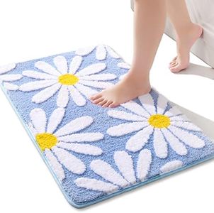 QJHOMO Blue Bathroom Rugs Cute Daisy Bath Mat White and Yellow Flower Decor Rug Non Slip Floor Carpet Microfiber Bathmat Super Absorbent Machine Washable Bathtub Mats for Shower (16x24 inch)