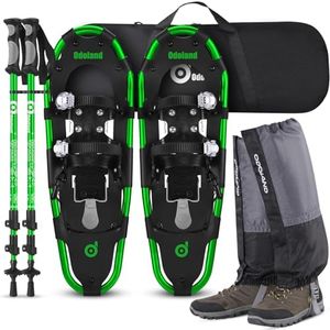 Odoland 4-in-1 Snowshoes Snow Shoes for Men and Women with Trekking Poles, Carrying Tote Bag and Waterproof Snow Leg Gaiters, Lightweight Snow Shoes Aluminum Alloy, Pale Green, Size 25''