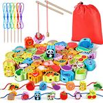 Jojoin 46 PCS Wooden Threading Toys - 2 in 1 Magnetic Fishing Montessori Toys for 2 3 Year Old Boys Girls | Animals Fruits Stringing Toys Gifts - Educational Toddler Preschool Activities Beaded Toys